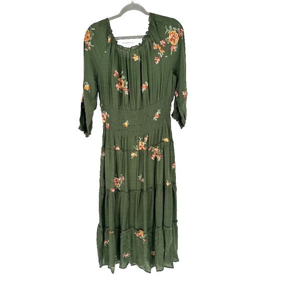 Anthropologie Fig and Flower Embroidered Smocked Tiered Ruffle Maxi Dress Medium - Picture 6 of 11